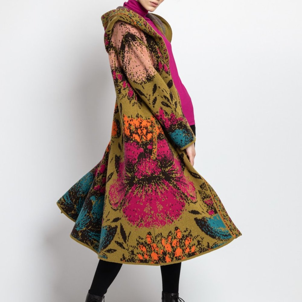 IVKO WOMAN NWT Floral Pattern Hoodie Wool Coat Coatigan Forest Pamina Grove L/40